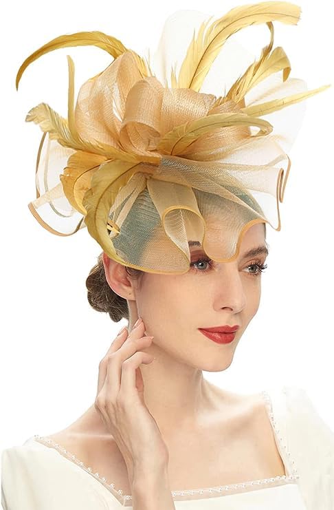 ORIDOOR Women Fascinator Flower Feathers Hat Tea Party for Derby Cocktail Wedding Kentucky Fascinators Hat A Gold