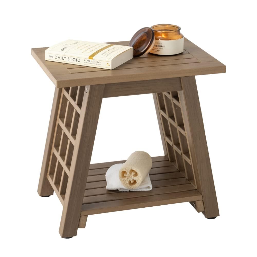 rohkex curved shower bench - white l-shaped curved seat - durable waterproof material - shower bench with adjustable non-slip leveling legs - bath stool & bathtub accessory