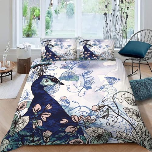 MOXINO 3D Paon Housse de Couette 140x200cm 1 Personne avec Fermeture Éclair 100% Microfibre Parure Doux Fleurs Parure de Lit avec 2 Taie d'oreiller 65x65（Motif 8-20）