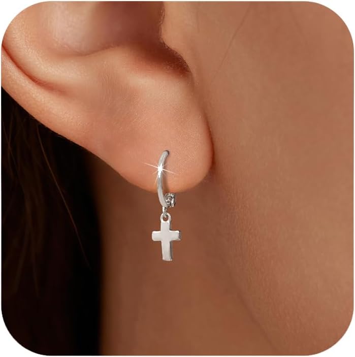 SUYACS 14k Gold Plated Cross Drop Dangle Earrings for Women Men Trendy 925 Sterling Silver Cross Hoop Huggie Earring Christian Pray Belief Piercing Earring Jewelry Gifts for Mom Daughter
