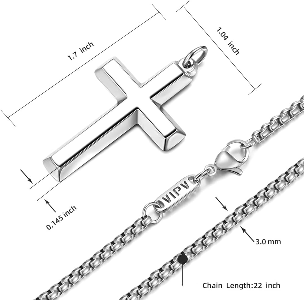 Cross Necklace for Men Silver Gold Black Stainless Steel Beveled Edge Cross Chain Pendant Christian Necklace for Men Crucifix Pendant Box Chain Length 22-24 Inch - Image 2