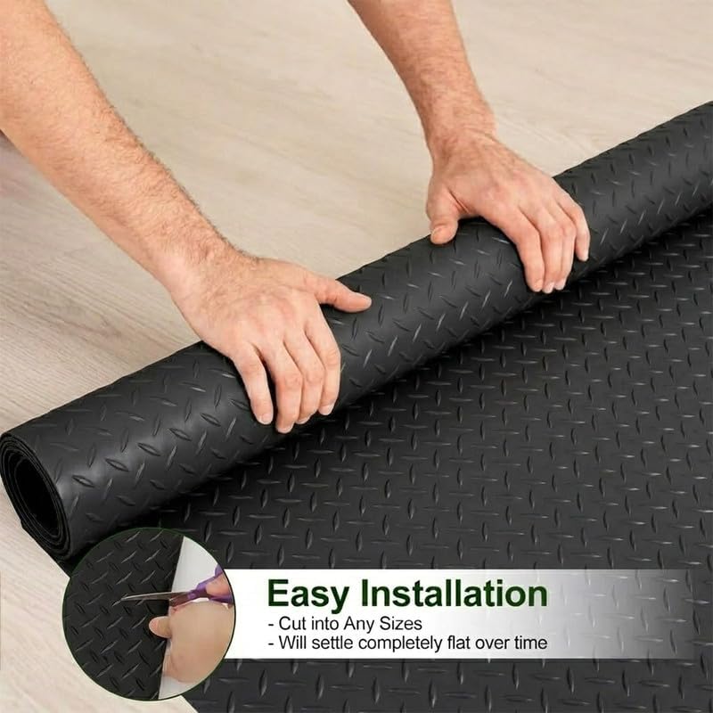 Garage Floor Mat, PVC Flooring Roll Thickened Garage Mats, Heavy Duty Parking Mat Waterproof Nonslip Floor Protector for Car, Trailer, SUV, Basement, Gym (Black) 2FTX4FT