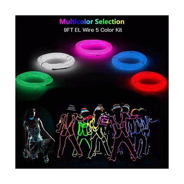 Maxlax el wire 5 pack, 9ft neon light wire noise reduction with battery pack(green, blue, red, white, pink)… - image 3
