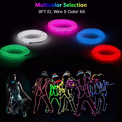 Image of MaxLax EL Wire 5 Pack, 9ft Neon Light Wire Noise Reduction with Battery Pack(Green, Blue, Red, White, Pink) (9ft)
