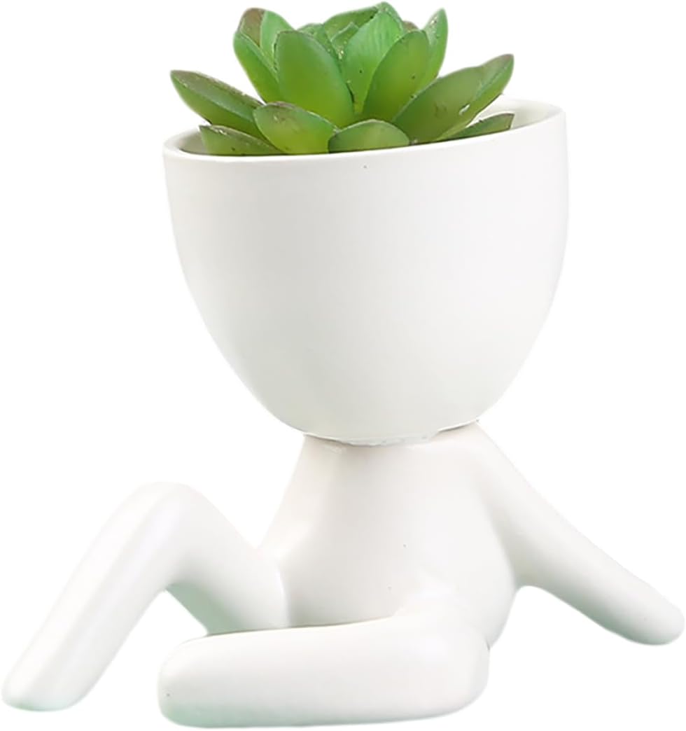DIYOMR Cute Humanoid Ceramic Planter Pot, 3.7” Tall White Doll Small Succulent Bonsai Pots Cactus Container Creat Design for Home Office Desktop Decor, Not Include Plants (White A) image 5