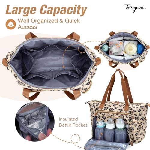 Image of Diaper Bag Tote, Large Baby Hospital Bag for Labor Delivery Mom | Travel Diaper Tote with Changing Pad, Pacifier Case, Insulated Pockets, Luggage Sleeve, Shoulder Strap, Leopard Print