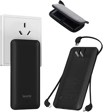 Portable Power Bank, Ultra Slim 10000mAh Portable Charger with Built in Cable, USB C External Battery Pack with Built-in AC Wall Plug Compatible with iPhone Smartphone Tablet...