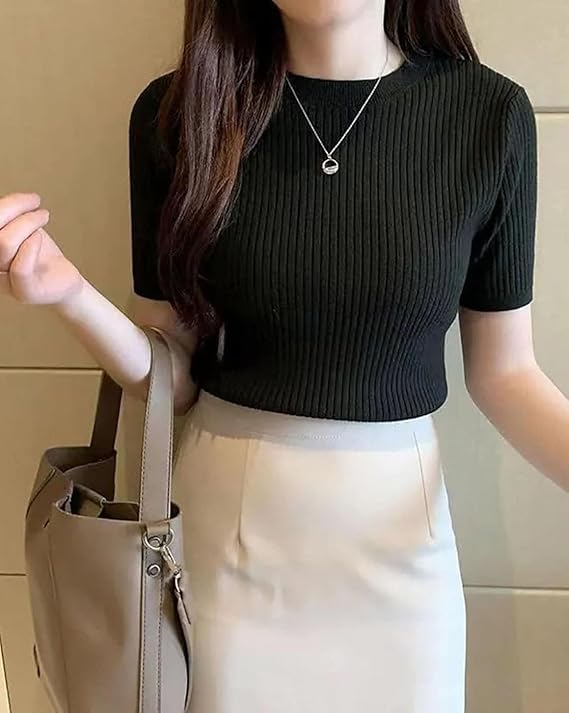Image of Slim Fit Plain Stretchable Round Neck Rib Knit Short Sleeve Regular Top for Women | T Shirt | Tee