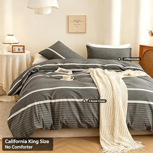 Image of ECOCOTT Duvet Cover Set, 100% Washed Cotton Linen-Like Textured Soft & Breathable, Durable Comfy Bedding Set for All Seasons California King Size, Grey Stripes