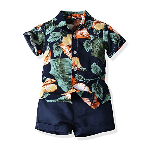 xirubaby Baby Boys Hawaiian Outfit Clothes Infant Toddler Aloha Floral Short Sleeve Shirt+Shorts Set(Navy Blue, 70/6-12 Months)