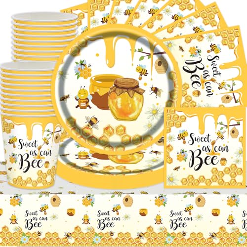 Lot de 61 pièces de vaisselle de fête d'abeille - Décorations de fête d'anniversaire - Assiettes en carton - Serviettes en papier - Serviettes en papier -...