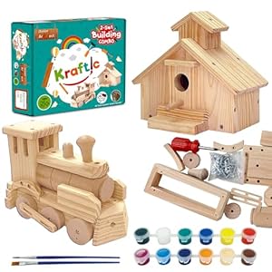 Kraftic Woodworking Building Kit for Kids and Adults, 2 Educational DIY Carpentry Construction Wood Model Kit Toy Projects for Boys and Girls – Build a Wooden Town Hall Birdhouse and Train