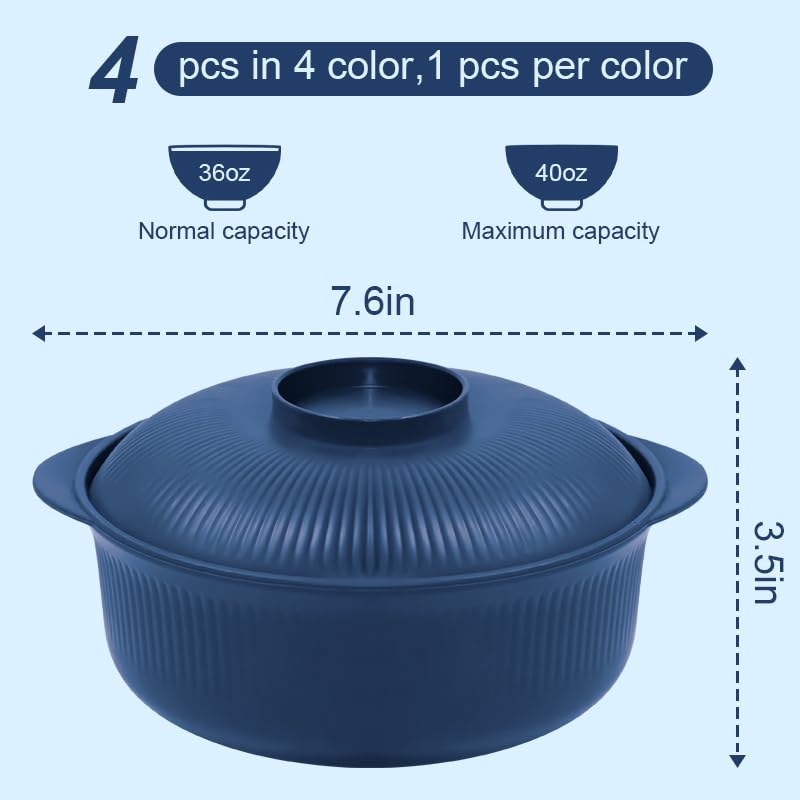 Image of Navy-blue 40oz Cereal Bowls with lid set of 4,Microwave Safe,Family&Camping