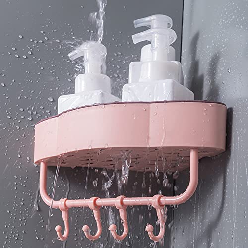 Image of Klaxon Ares Self Adhesive Corner Shelf with Towel Holder & Hooks | Wall Mounted Rack for Bathroom /Kitchen /Washbasin (Pink)