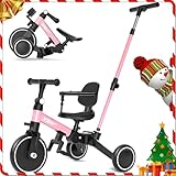 XJD Toddler Bike, 6 in 1 Folding Toddler Tricycle for 1-4 Year Old with Parental Control Handle, Balance Bike with Removable Pedal, Backrest, Adjustable Seat and Handle, First Birthday Gifts (Pink)