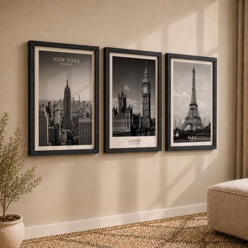 Image of NoWorries Black & White City Wall Art Framed Painting Set of 3 | New York London Paris Skyline Prints with Frame | Modern Minimalist Travel Poster Wall Decor Frames for Living Room, Bedroom and Office | Ready to Hang (Art-2, 17x25inch, Wooden)