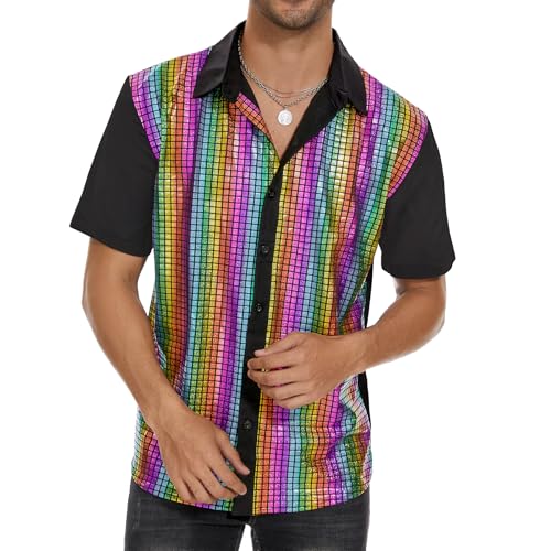 Image of Zando Men's Sequin 70s 80s Disco Shirt - Retro Short Sleeve Button Up Costume Halloween New Year Party Outfit Top & Clubwear
