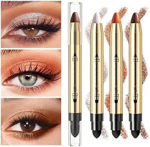 3PCS Glitter Cream Eyeshadow Stick, 2 in 1 Makeup For Eyes Shimmer Sparkle Glow Light Colors Pencil Stick, Cream Brown Eye Shadow Pencil,Long Lasting Waterproof Eye Shadow Make Up with Soft Brush