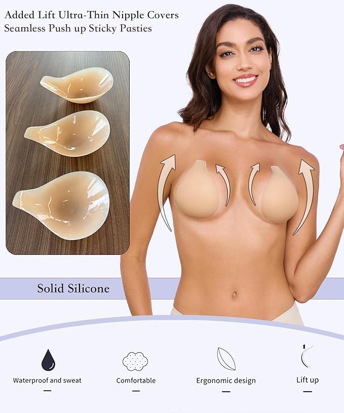 Bontierie 2025 Added Lift Seamless Nipple Covers Ultra-Thin Push up Sticky Pasties Women Adhesive Bras - Image 2
