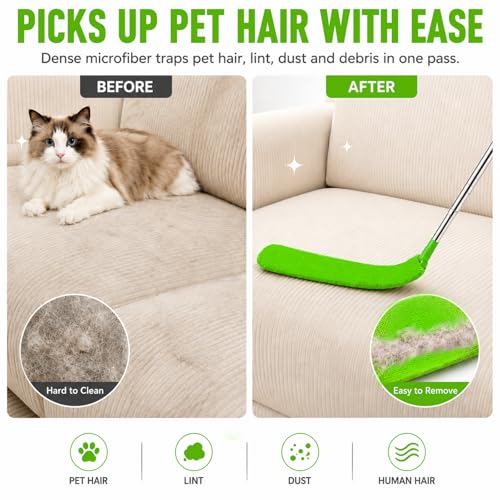 Image of Retractable Gap Dust Cleaner, 30-100 in Pole, 3 Microfiber Cloths, Green | Extends 30-100 inches to clean narrow gaps under refrigerators, sofas and appliances; includes 3 washable microfiber cloths.