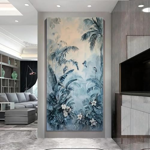 Plantes tropicales et oiseaux bleus sur toile 40x80cm pour habiller un mur vide