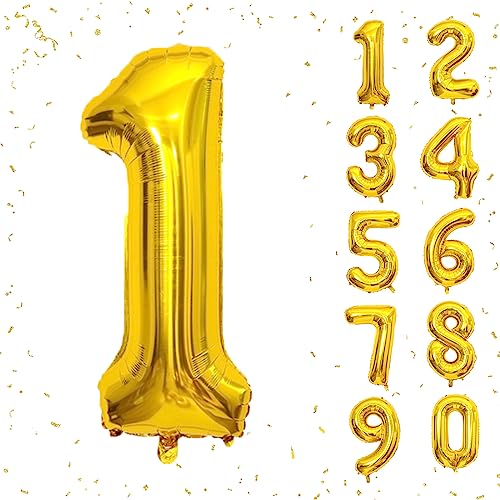 Image of 40 Inch Gold Number Balloons, Helium Mylar Foil Number Balloons for Birthday, Number 1 Balloon for 1st Birthday Decorations for Kids, Anniversary Party Decorations Supplies