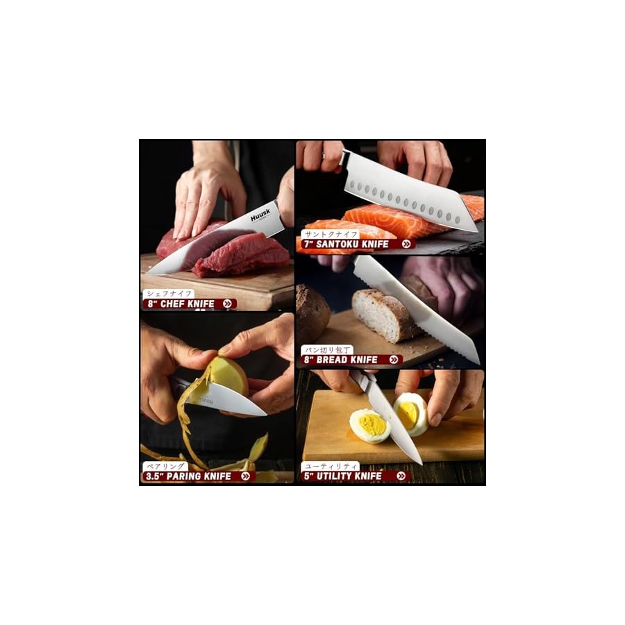 Huusk Chef Knife Set of 5, Japanese Stainless Steel Knife Set Dishwasher Safe, Ultra Sharp Kitchen Knives Sets with Ergonomic Anti-slip Handle, Professional Cooking Knives Sets, Christmas Gifts Ideas