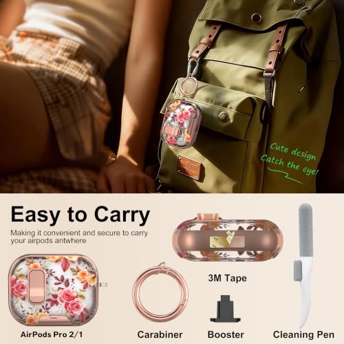 Image of for AirPods Pro 2 /1 Case with Safety Lock & Phone Stand, Red Rose