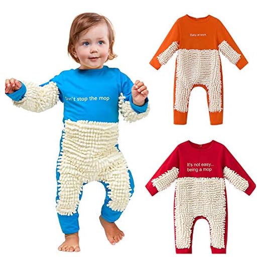 AIMAOMI Cute Baby Mop Onesi, Funny Long Sleeve Romper, Perfect for a Crawling Baby Footies Cleaning Mop Romper, Orange, 12-18 Months