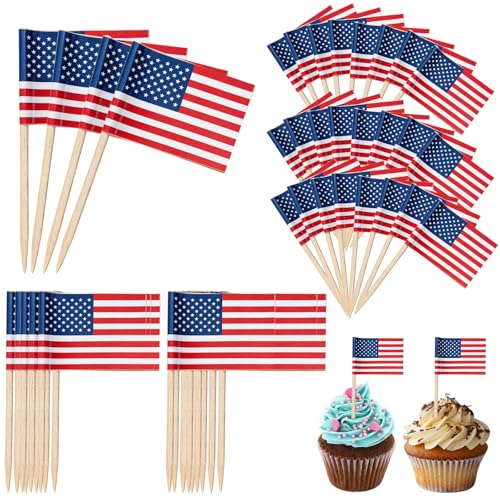 100 Pcs American Flag Toothpicks - Premium Patriotic Cupcake Toppers with Double-Sided Printing | Larger Flags for 4th of July, Memorial Day, Veterans Day Party Decorations & Home Festive Display