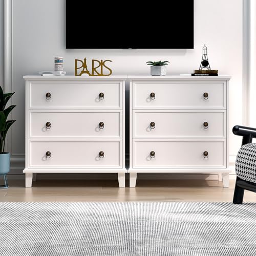 COWMOU White 3 Drawers Nightstand with Charging Station, Modern Bedside