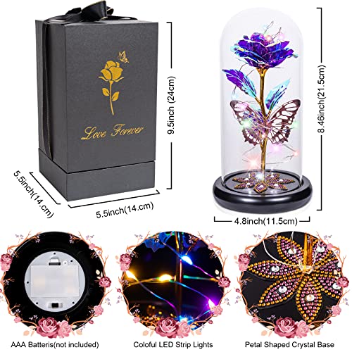 Birthday Gifts For Women, Galaxy Glass Rose Flowers Forever Eternal Crystal Light Up Rose In Glass Dome With Butterfly Best Mothers Day Presents Gifts For Her Mom Grandma Sister Wife Purple #TOP2