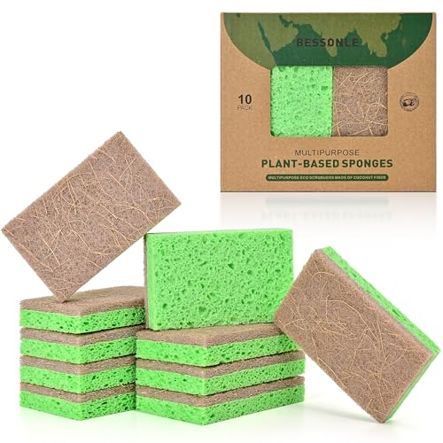 BESSONLE 10 Pack Biodegradable Natural Sponges Kitchen - Compostable Cellulose and Coconut Walnut Scrubber Sponge - Eco Friendly Sponges for Dishes