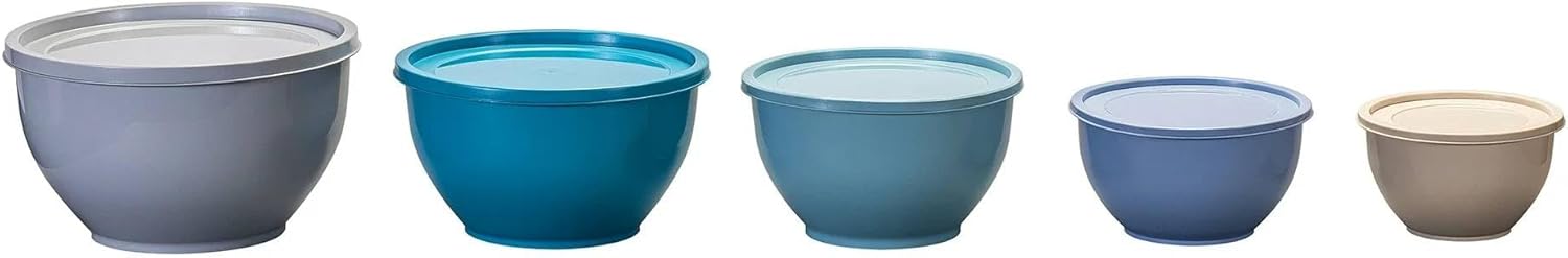 10 Piece Plastic Mixing Bowl Set with Lids, Nesting Kitchen Prep Bowls with Non Slip Base, Multiple Sizes, Microwave Dishwasher and Freezer Safe