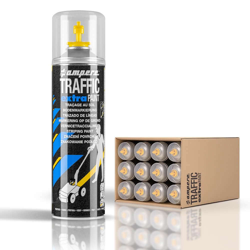 12 Dosen Markierungsfarbe TRAFFIC Extra für extreme Belastung, Farbe: gelb, Art.-Nr. AM81ZN232 | Bodenmarkierungsfarbe | Straßenmarkierungsfarbe | Markierungsspray