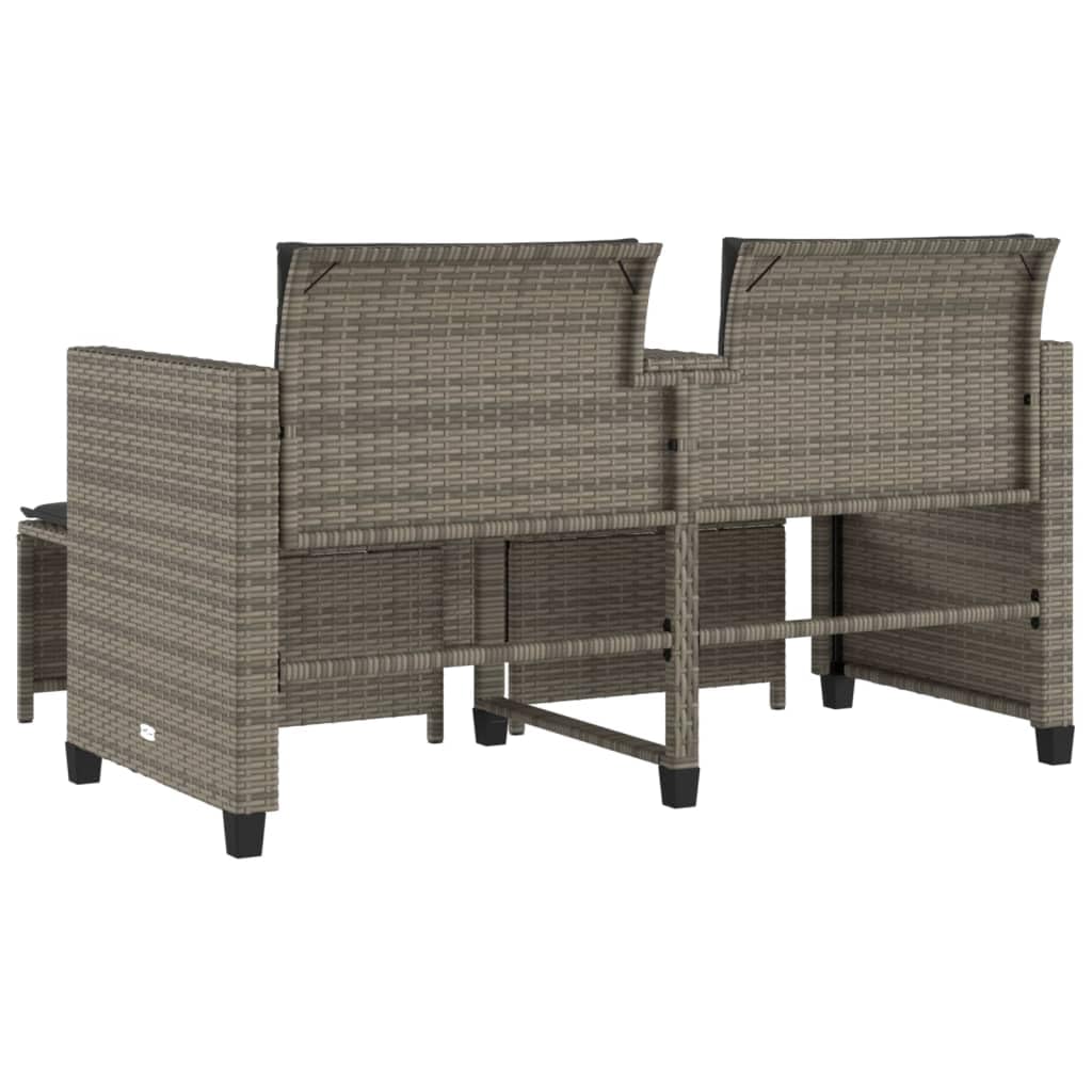 Sofá de jardín de 2 plazas con mesa y taburetes gris de poliratán, conjunto de asientos de ratán sintético con cojines gruesos acolchados, fundas extraíbles y lavables, reposapiés versátil