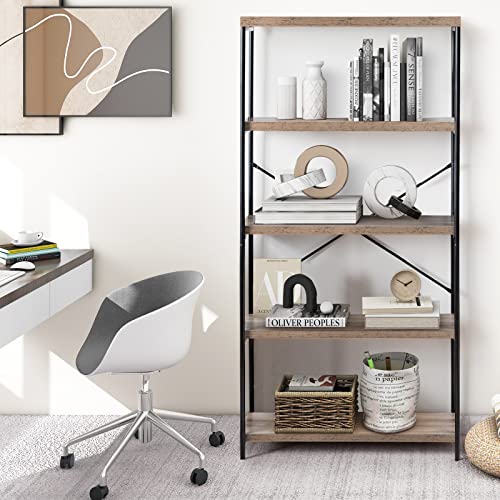 Giantex Industrial 5-Tier Wood Bookshelf - 63’’ Tall Open Storage Organizer Shelves With Anti-Tipping Device And Foot Pads, Steel Frame Bookcase Display Rack For Living Room, Bedroom, Office, Grey #TOP3