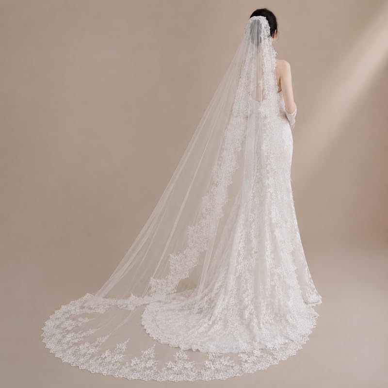 Sukizifa 3m Schleier Braut Kathedrale Brautschleier Tüll Eyelash Spitze Off White Ivory Hochzeit...