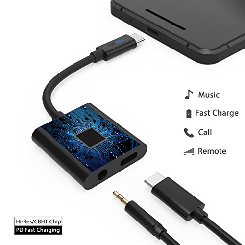 Pixel 2 Usb C to 3.5mm Audio PD Charge Splitter Adapter,AirsFish 2 in 1 Type C to 3.5mm Aux Stereo Earphone Fast Charging Converter Hi-res/DAC Headphone for Google Pixel 2/2XL,HTC,Moto,Samsung,MacBook