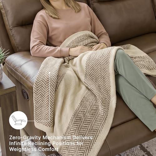 Image of Signature Design by Ashley VonRyan Power Reclining Sofa, Top Grain Leather Seating, Zero-Gravity Recliner Couch, Living Room Furniture, Tobacco Brown, 92-Inch