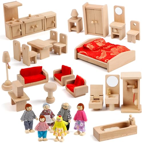 KABENFIS 39PCS 5 Set Puppenhaus Möbel Zubehör mit Einer Familie von 6...