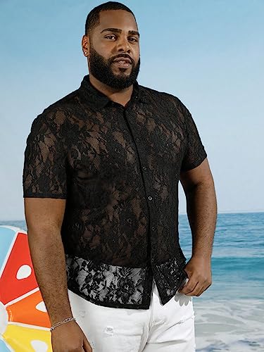 WDIRARA Men's Floral Lace Shirt Contrast Mesh Button Down Shirt Short Sleeve Blouse3