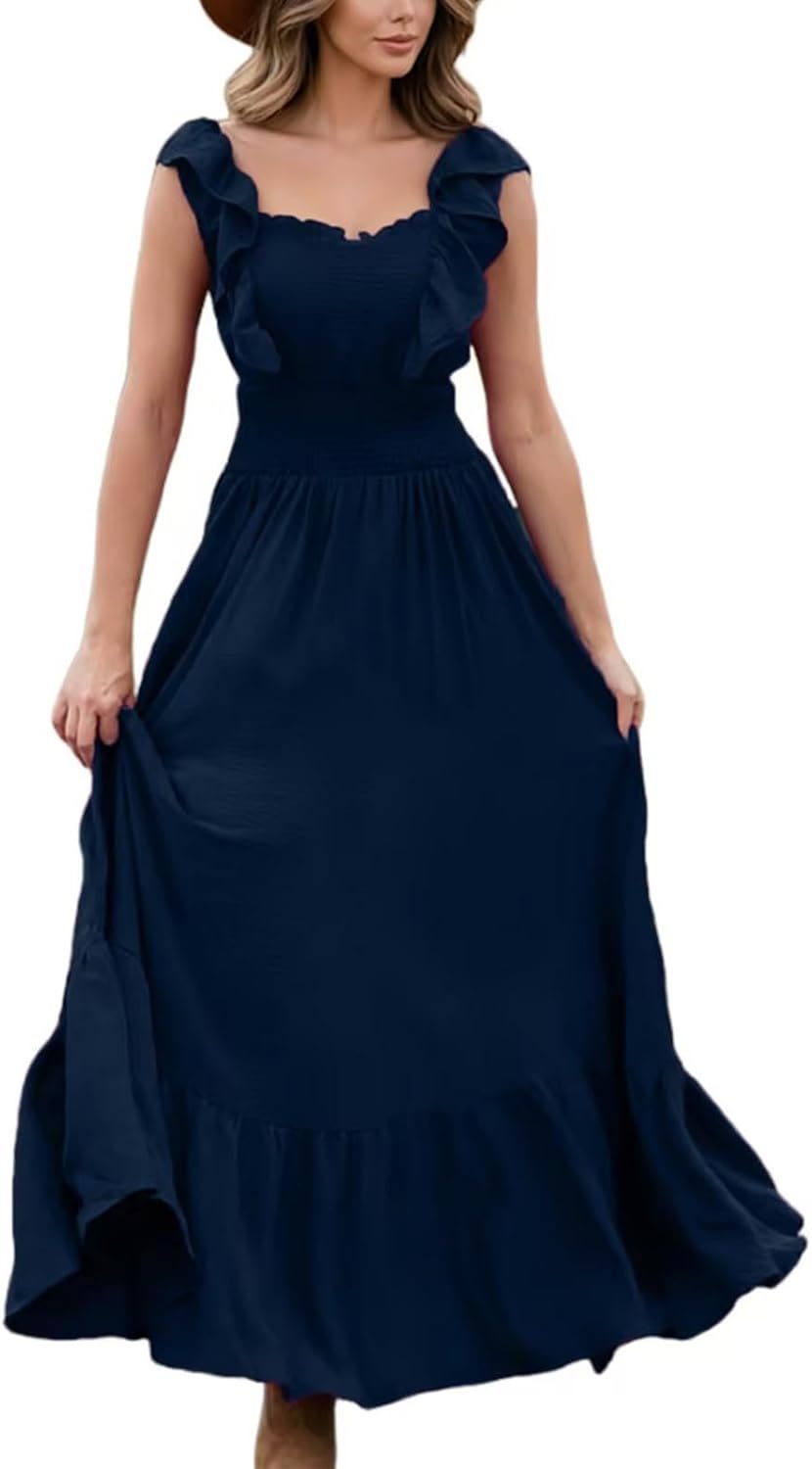 HGps8w Ruffle Linen Maxi Dresses for Women Trendy Casual Square Neck Sleeveless Swing High Waisted Beach Cocktail Dresses