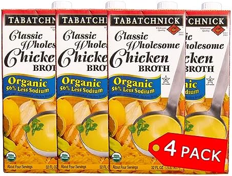Tabatchnick Organic Low Sodium Chicken Broth Chicken Broth (4 Pack) 32oz, Certified Kosher, Real Chicken, No Added Sugar, 10 Calories Per Serving, Gluten Free, Soup