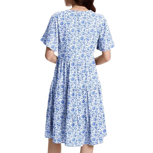 Image of Womens Casual Tiered Swing Midi Dress Ruffle Sleeve V Neck A Line Petite Summer Dresses with Pockets
