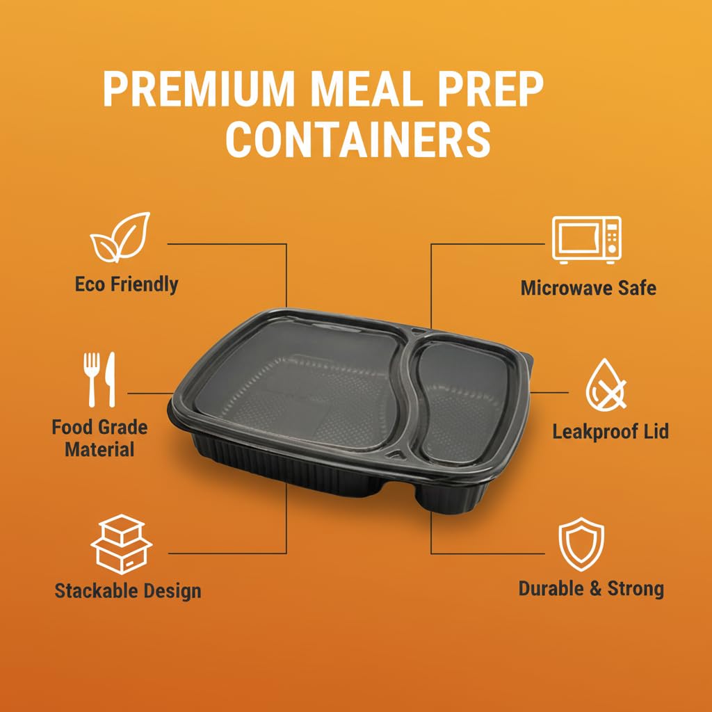 Khaana Packaging Meal Tray with lid Set of 50pc Microwave Safe 2 Compartment Plates for Dinner, Lunch,Unbreakable Made of 100% BPA Free Food Grade Black, Lunch Box Thali (2CP I 50PCS) 1