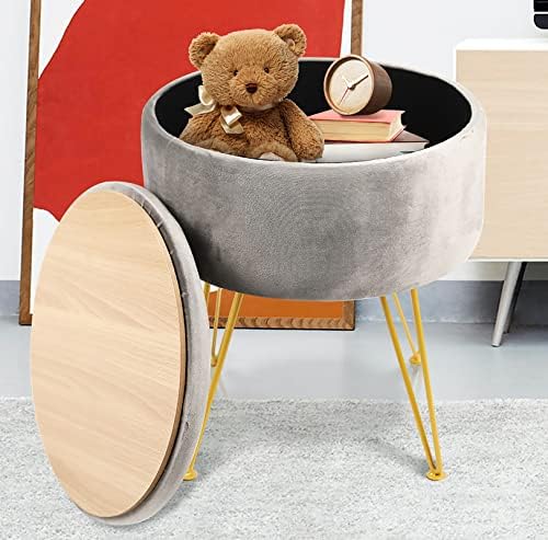 DEARYOU Velvet Round Ottoman Footstool with Gold Metal Legs,Stool with Storage for Vanity,Coffee Table Top Cover,Velvet Dressing Table Seat for Living Room,Bedroom,Removable Seat Lid (Grey)