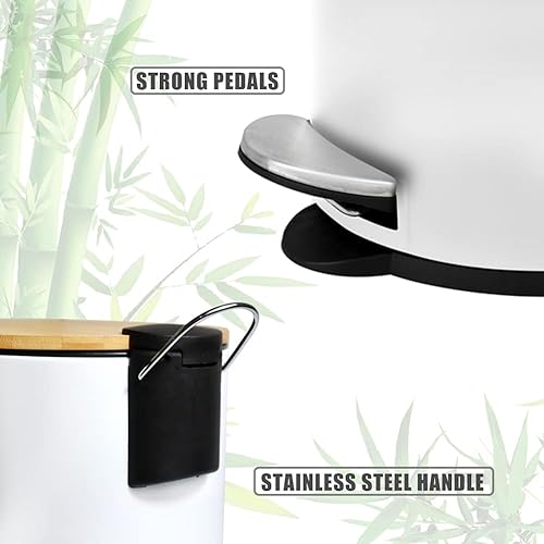 Miniatura 5 de Bote de basura pequeño para baño con tapa de bambú cierre suave y pedal de pie cubo de basura redondo de 13 gal5 L con cesta de basura interior