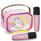 Mini Karaoke Machine Toys for Kids Ages 3-12, Birthday Gifts for 3 4 5 6 7 8 9 10 Year Old Boys Girls, Portable Bluetooth Speaker with 2 Wireless Microphones, Colorful LED Toy for Boy Girl (Pink)