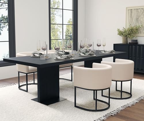 Image of HNY Mid Century Modern Upholstered Barrel Dining Chairs with Arms Set of 2, Linen Kitchen & Dining Room Chairs, 18.5 inch Wide Accent Chair for Dining Room Living Room with Black Metal Frame, Cream